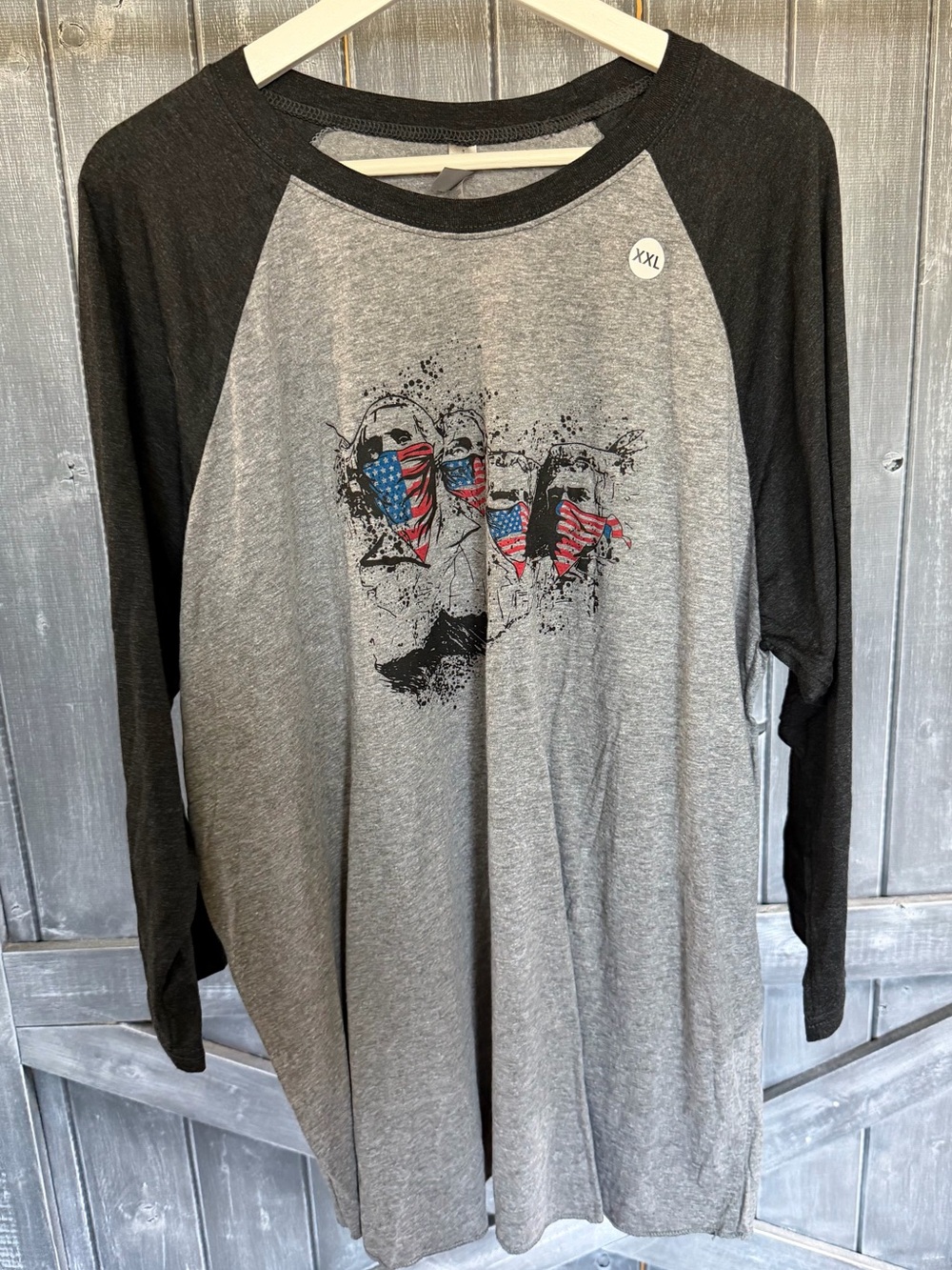 Men's Gray & Black Raglan Long Sleeve Shirt with masked mount rushmore